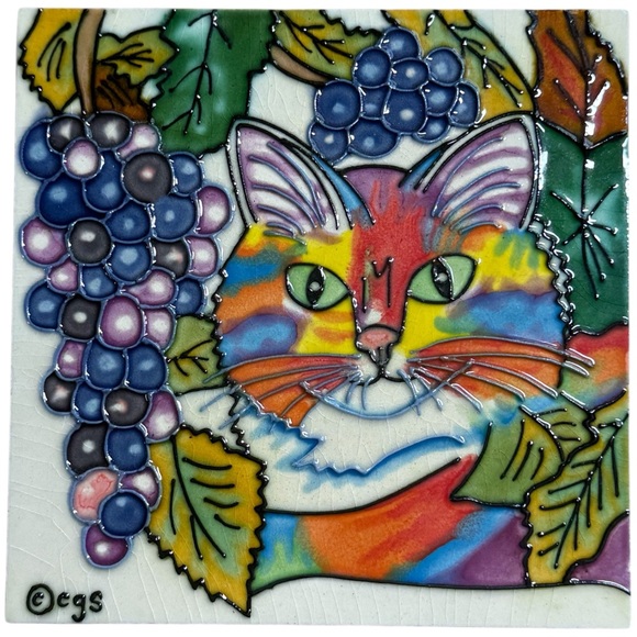 Other - Claudia Sanchez Art Tile Colorful Cat & Grapes Folk Art Wall Decor